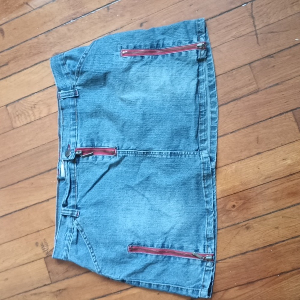 Connection 8 brand mini jean skirt  red faux zippers on each side